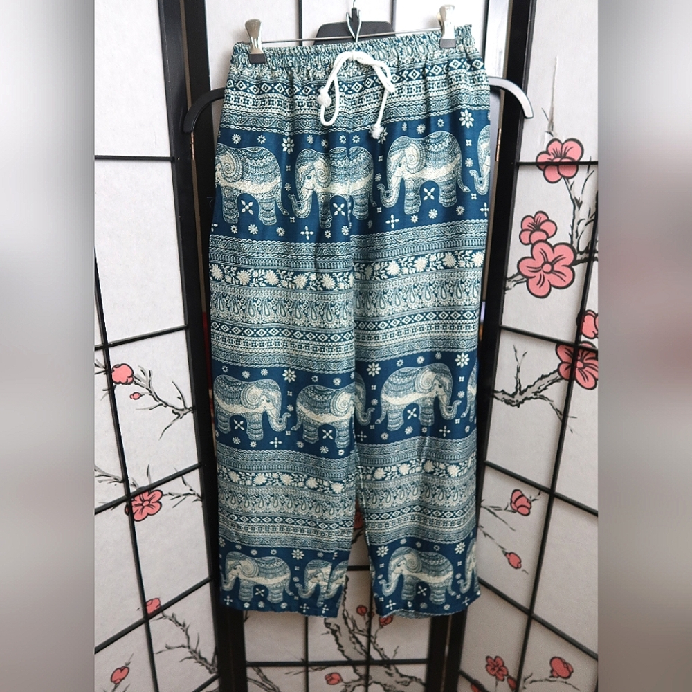 Thai Blue Teal Elephant Print Lounge Haram Fisherman Pants Wide Leg
